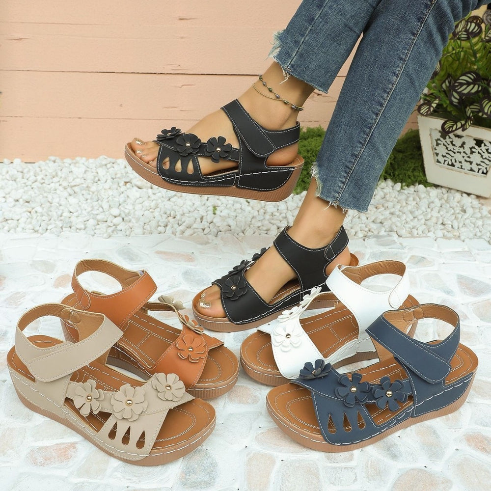summer new arrival: plus size wedge sandals with floral embellishments, chunky sole, hook-and-loop closure, peep toe beach sandals - wholesale