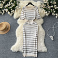 Summernew arrivalniche styleretrocontrast colorstripesknittingdressfemale socialite silmslimming lookround neck short-sleeved long skirt