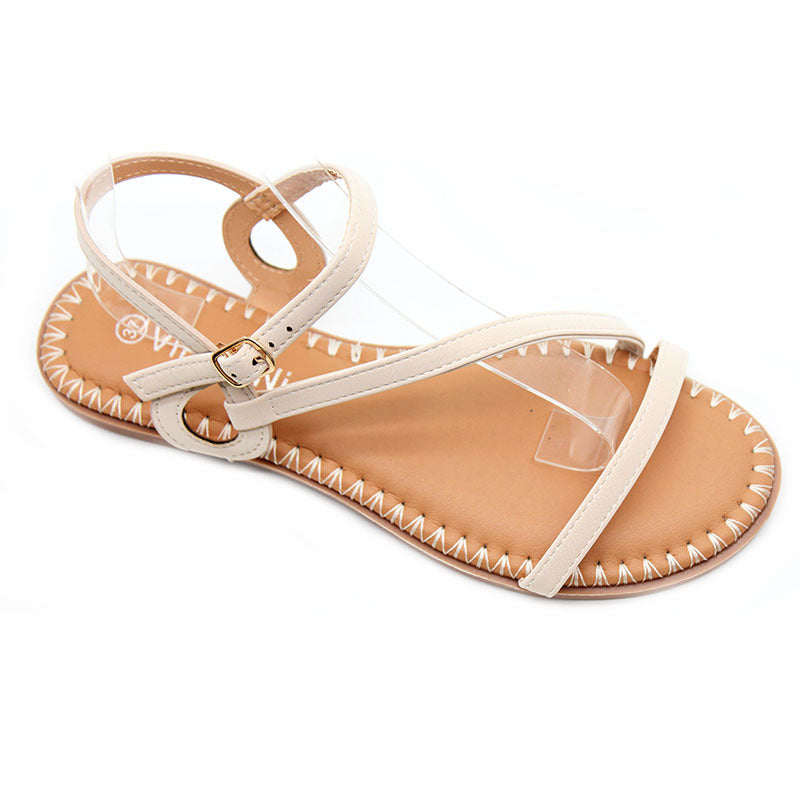 潮州外贸女士凉鞋夏季一字扣带平底车缝线工艺鞋防滑凉鞋sandals