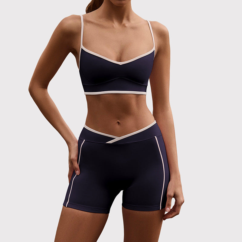 High-waisted, figure-hugging, color-blocked, cross-border camisole, shockproof, push-up, high-waisted, butt-lifting running and fitness shorts yoga set for women
