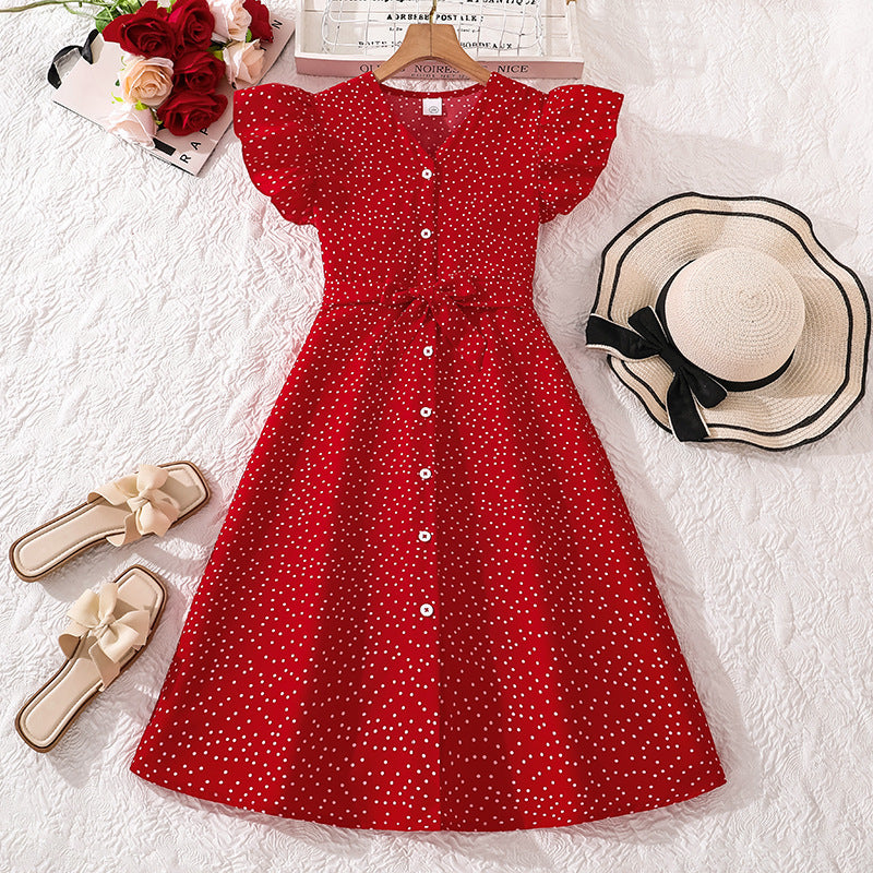 girls' spring/summer new arrivals: -style, elegant, casual polka dot print, flutter sleeve, cinched waist dress