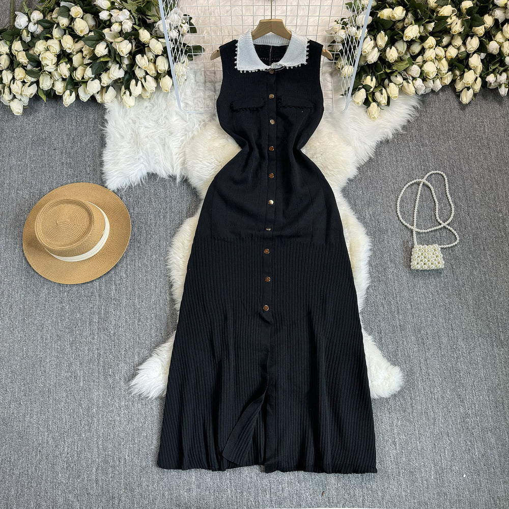 Frenchretrocontrast color lapel single breasted waist slimming lookelegant medium long sleeveless knittingdress women's autum