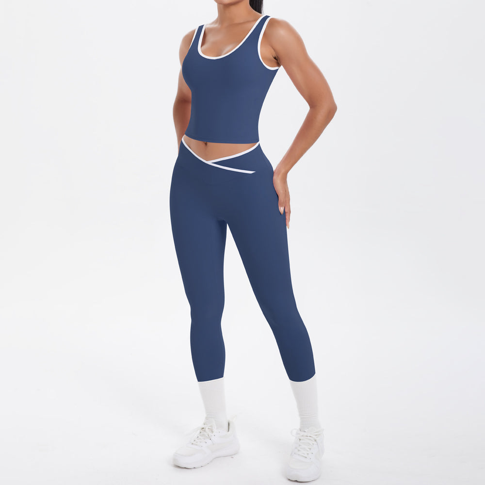 popular double-sided brushed contrast color tight breathable cross yoga suit sports running fitness two-piece set