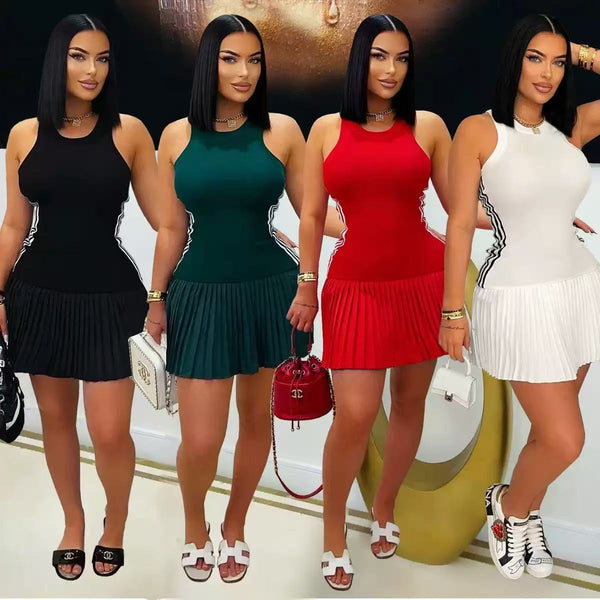 European and American style ins Spice Girls sleeveless slim-fitting knitted dress side striped pleated skirt sexy hip-wrapped and thin women's clothing
