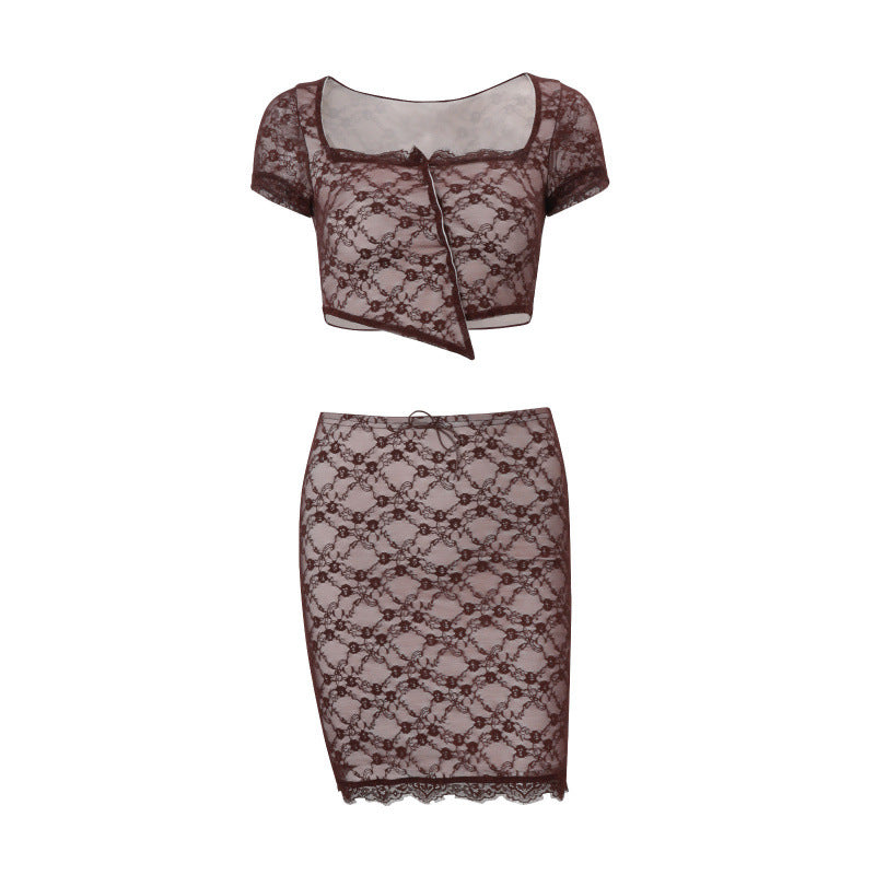 Amazon women's  summer new lace square neck tank top short sleeve sexy slim fit bodycon skirt set