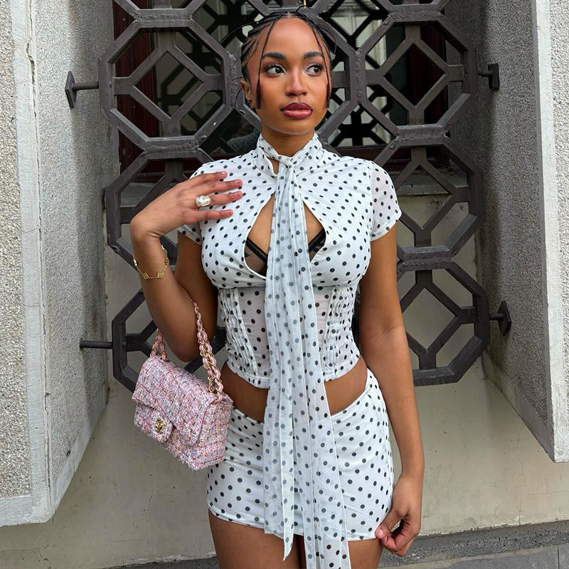 European and american style cross-border chic women's crop top sexy design short sleeve dress set halter neck tie-up polka dot two-piece outfit