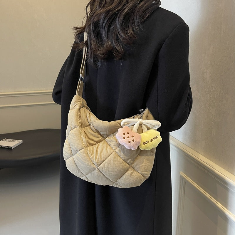 Cross-border new autumn and winter cotton clothes, bags, rhombus casual versatile messenger bags, commuter single shoulder fashion crescent moon dumpling bags