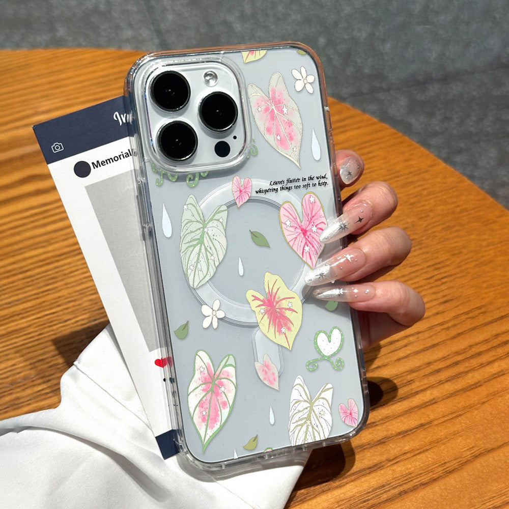 Ins fresh colorful leaf raindrops suitable for iphone17 apple 16pro magnetic anti-fall high transparency transparent mobile phone case 15