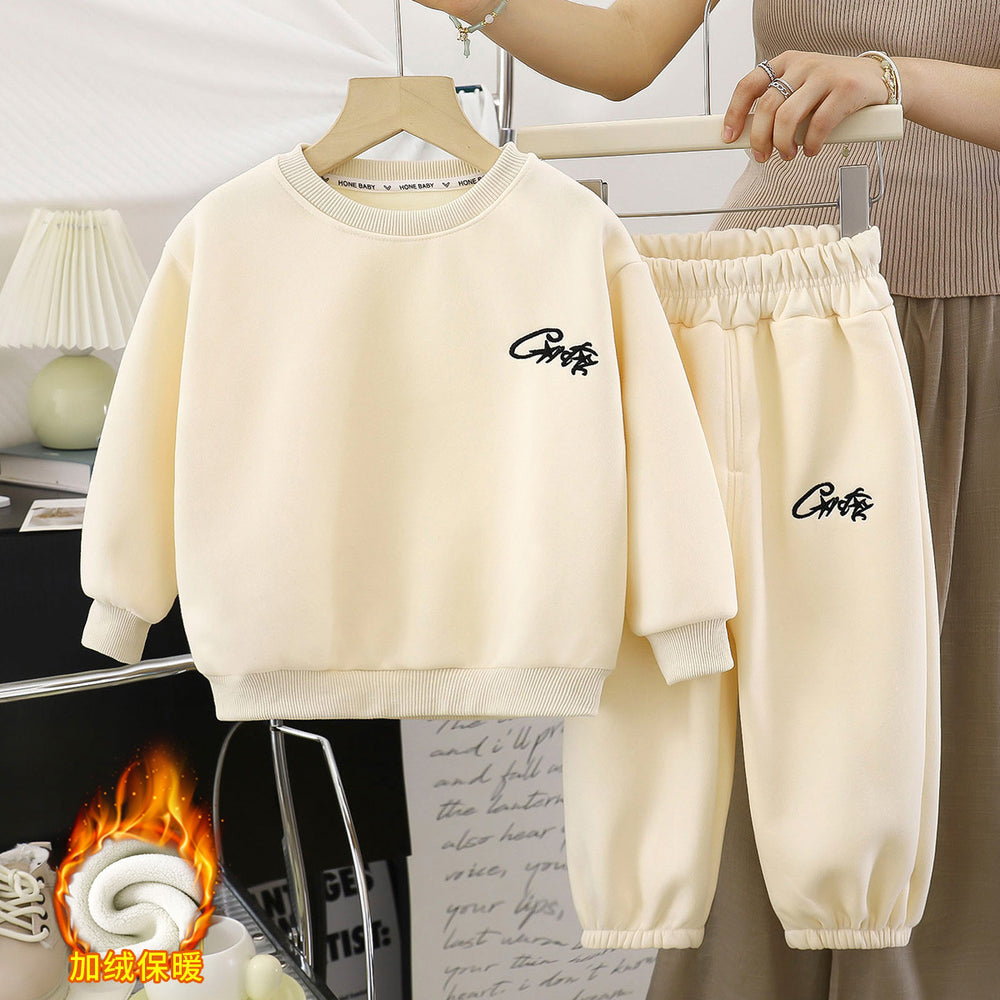 Spring autumkidssweatshirtsuitchildren's fashion sports two-piece set boys and girls winterfleece-linedk-style children's clothing