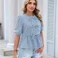 Fashion cross-border export denim tops round neck stereobows bubble short sleeves tie back waist shortshirt women