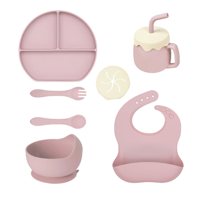 Children's Silicone Plate 7-piece Set Baby Separate Plate Feeding Bib Water Cup Fork Spoon Supplementary Food Bowl Tableware