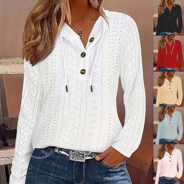 2025 autumn  new women's hoodie jacquard knitted drawstring button V-neck long-sleeved pullover casual T-shirt
