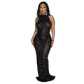 C6895 cross-border   fashion women's solid color sequin halter backless maxi dress