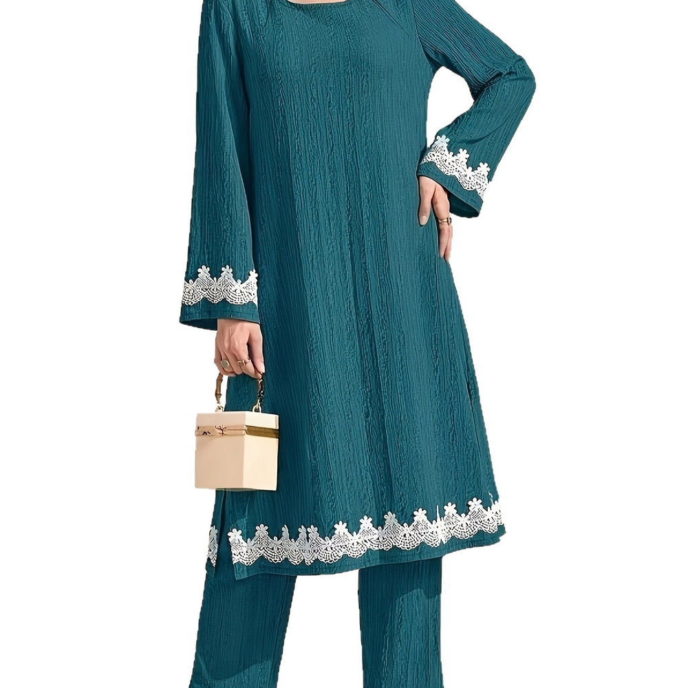 Women's summer long sexy knitted pajama set - two-piece spring/autumn crew neck loose fit casual fashion loungewear