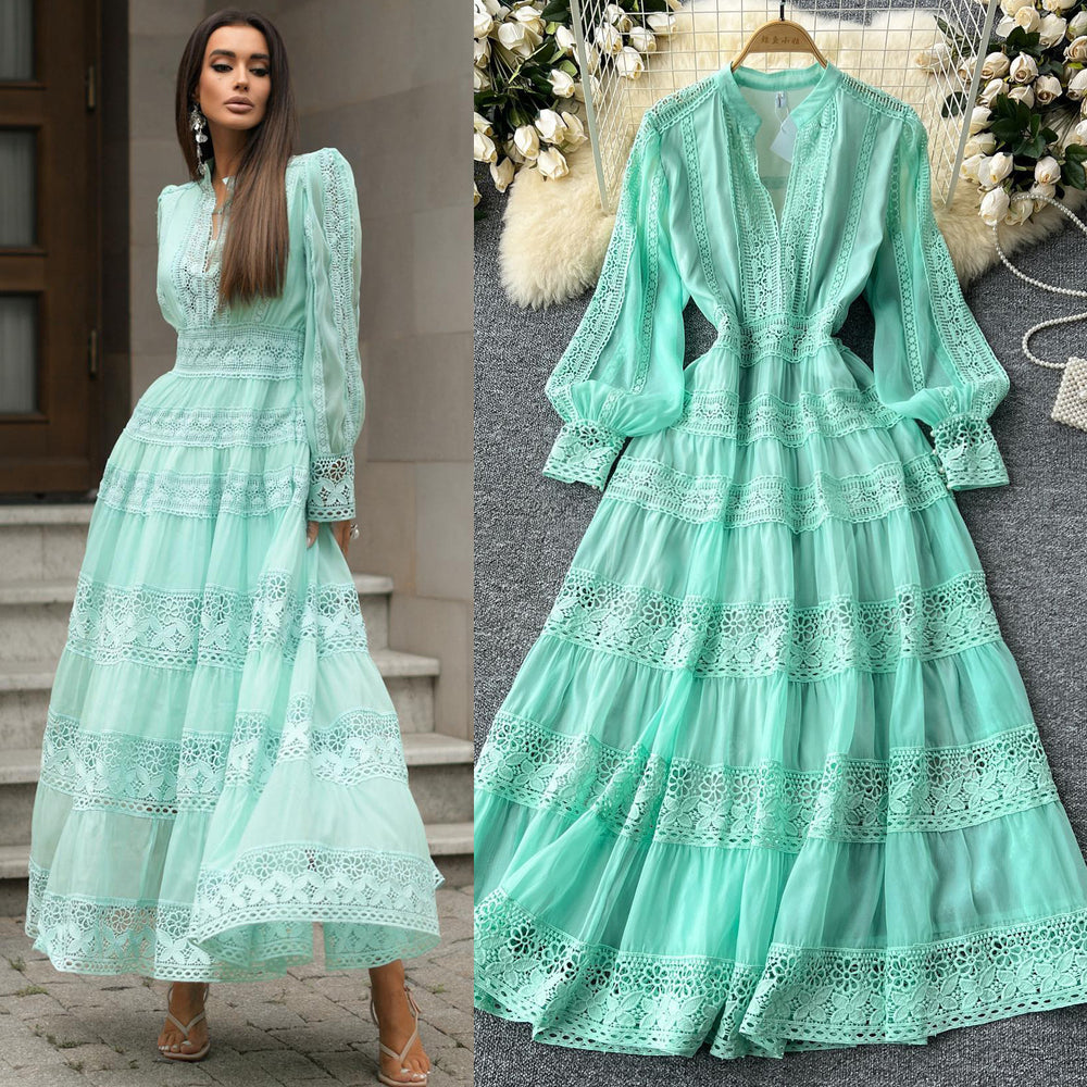 Frenchretrov necklacepatchwork waist long sleeves large swing dress women slimming lookclassyelegancelong skirt