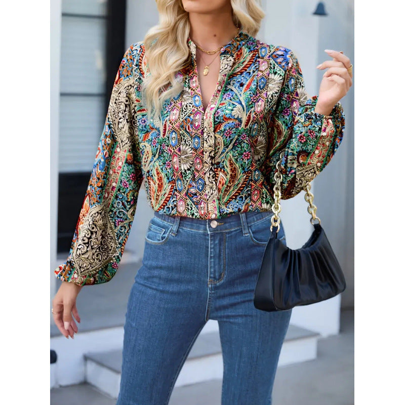 Shipped: hot-selling cross-border  women's printed v-neck lantern sleeve blouse, long-sleeved v-neck casual shirt