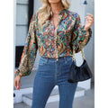 Shipped: hot-selling cross-border  women's printed v-neck lantern sleeve blouse, long-sleeved v-neck casual shirt