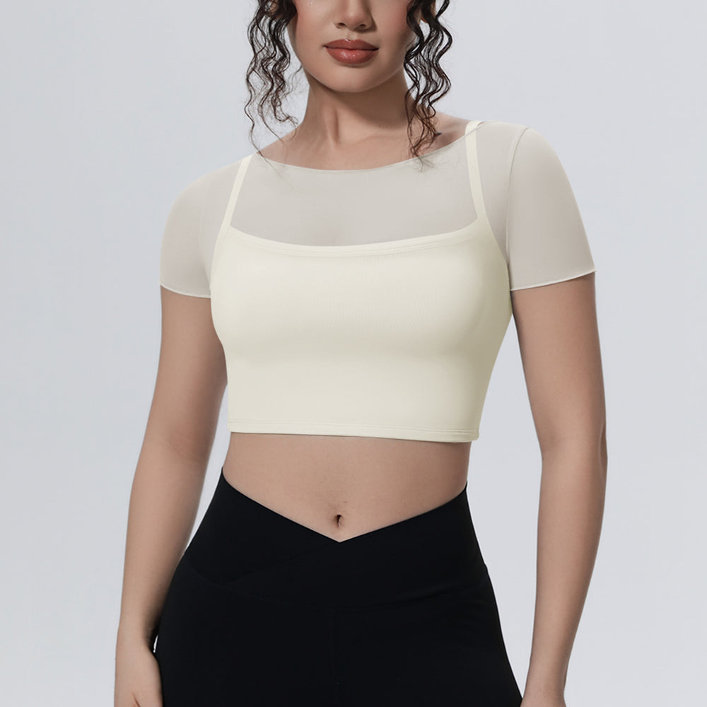 New arrival: solid color mesh double-layer breathable faux two-piece short sleeve top - perfect for casual wear, sports, running, fitness, and yoga