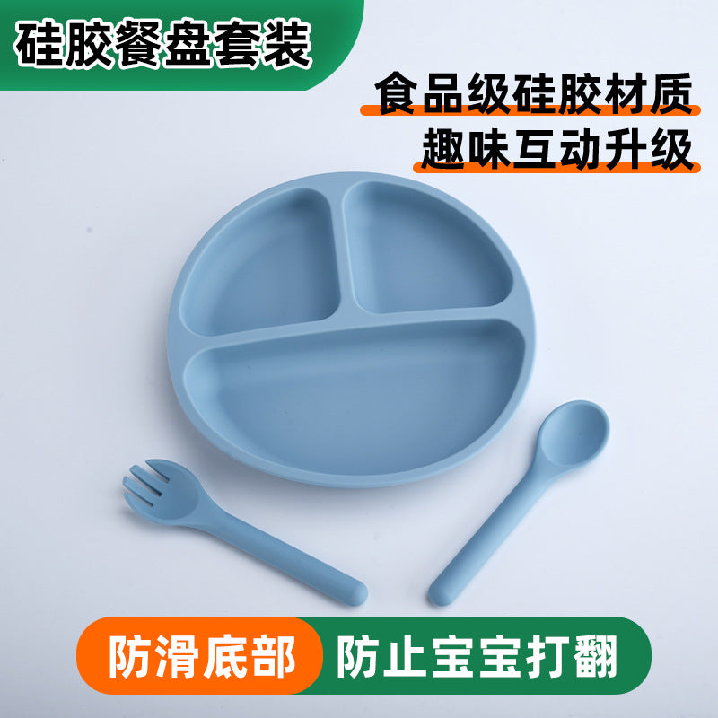 Food grade silicone infant plate fork spoon complementary food tableware preschool children eating silicone tableware set custom