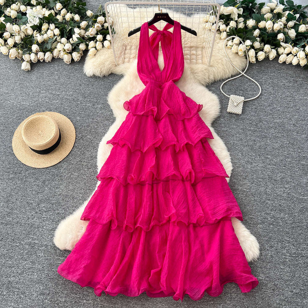 Frenchelegant atmosphere deep v neckhalter strap backlessdress women's waist slimming lookruffles suspender skirt