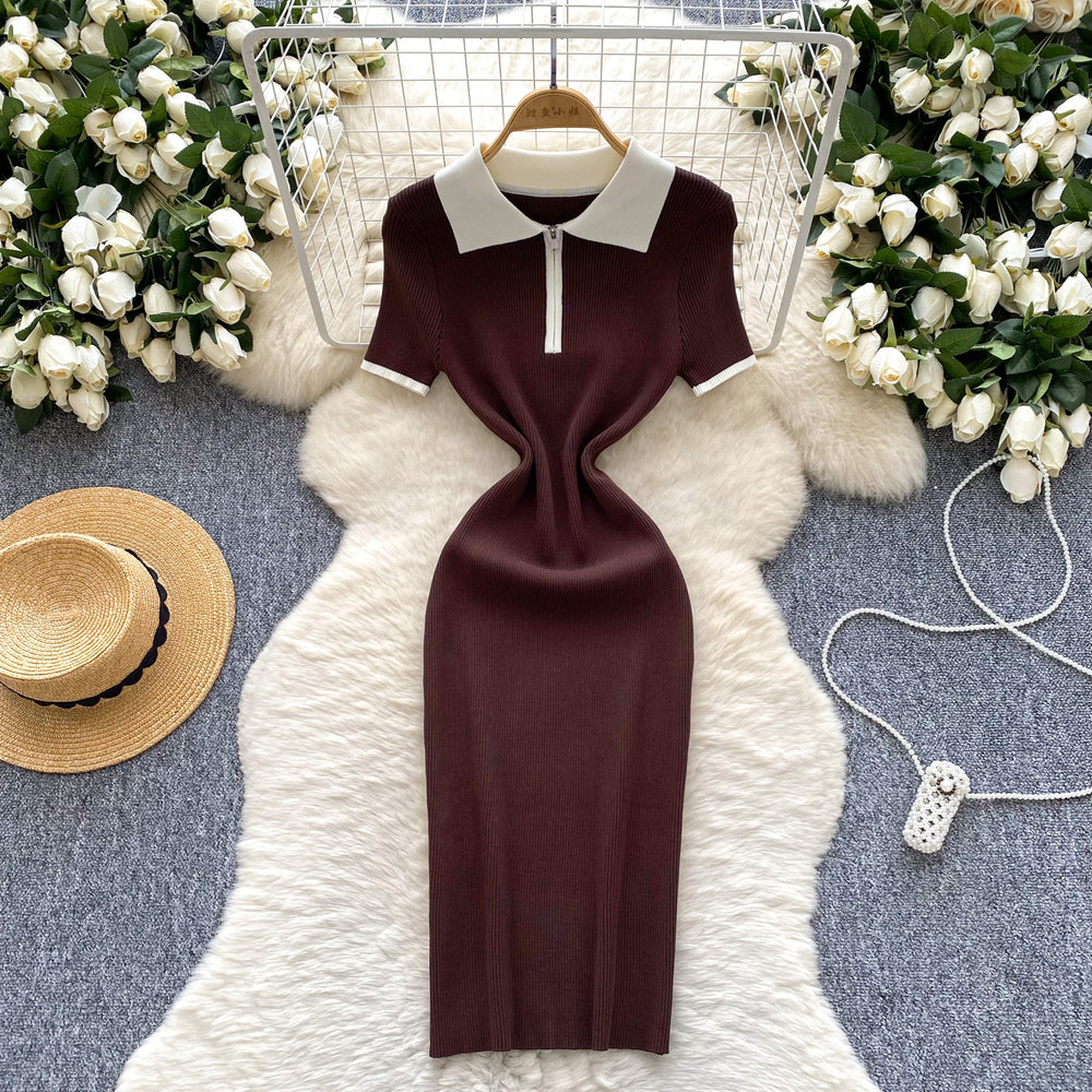 Korean ins summer new style niche styleretro polo collar short sleeve silmslimming lookelegant hip-covering knittingdress