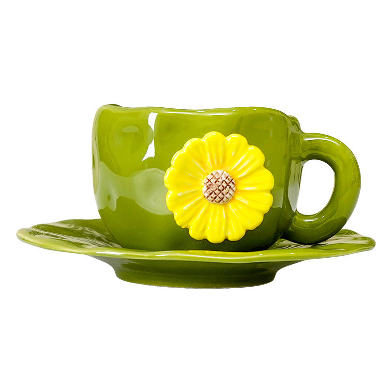 Hand-pinched embossed floral coffee cup and saucer set - home, niche, retro style ceramic milk cup, water cup, unique and high-value design
