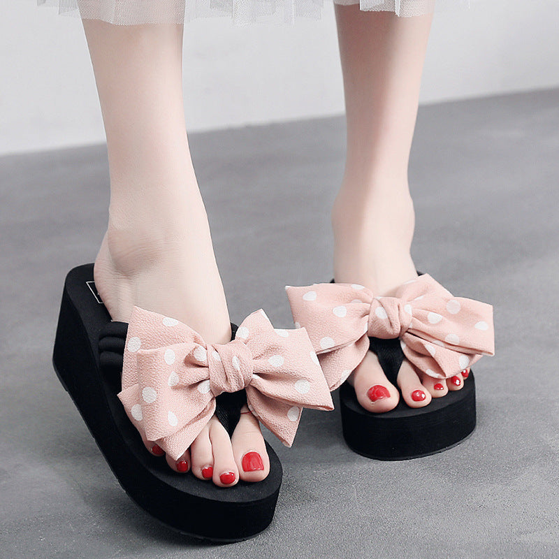 2026 new women's super high heel flip-flops - summer non-slip platform beach sandals with sweet bow detail - wearable wedge heel slides