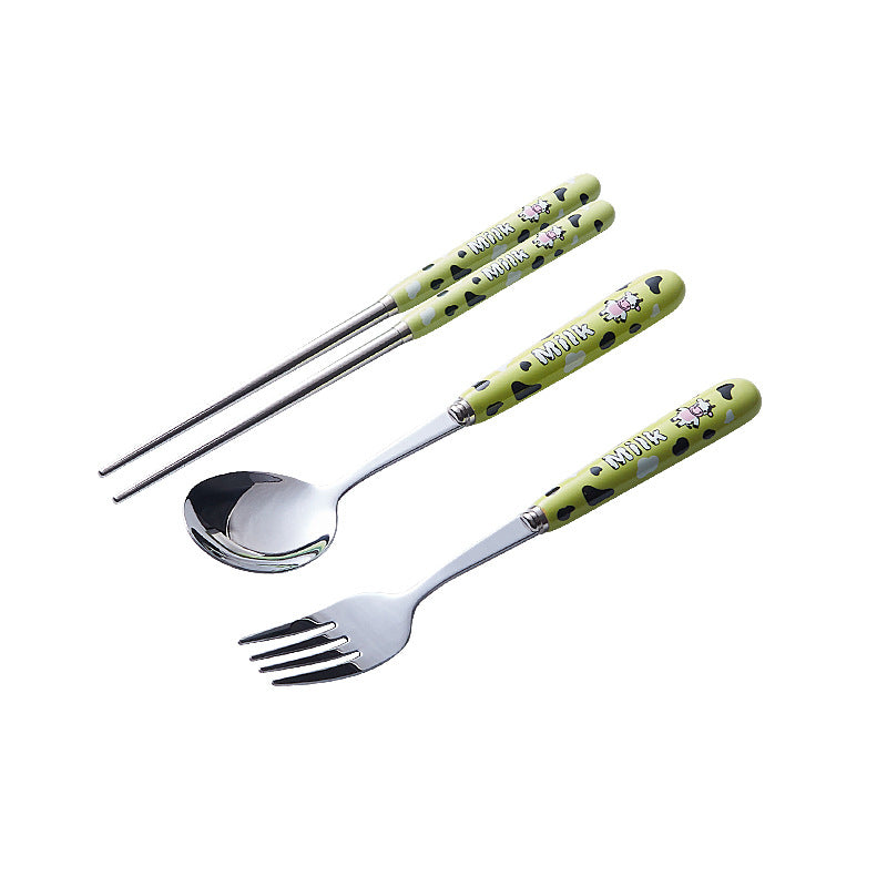 Portable storage cutlery set - cute cow design stainless steel children's dinnerware set: fork, spoon, and chopsticks