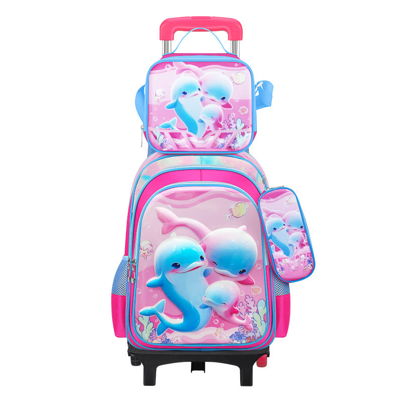 New 3d leather elementary school nylon fabric three-piece set kids' trolley backpack foreign trade lunch bag factory in stock