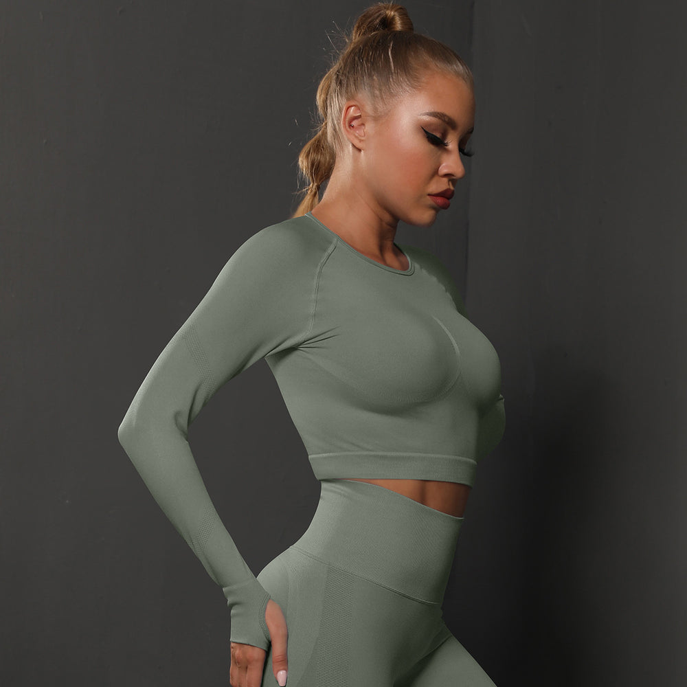 Summer solid color knit seamless fitness top - sweat-wicking, shaping, compression long sleeve running, training, and yoga apparel for women