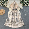 Belted dress -  summer collection: figure-flattering, slim-fit, french-inspired vintage short-sleeve printed maxi dress with a flowy hem