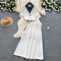 Salt style light mature two-piece set women's summer drawstring waist fake two-piece short-sleeved topshigh waist denim patchwork skirt