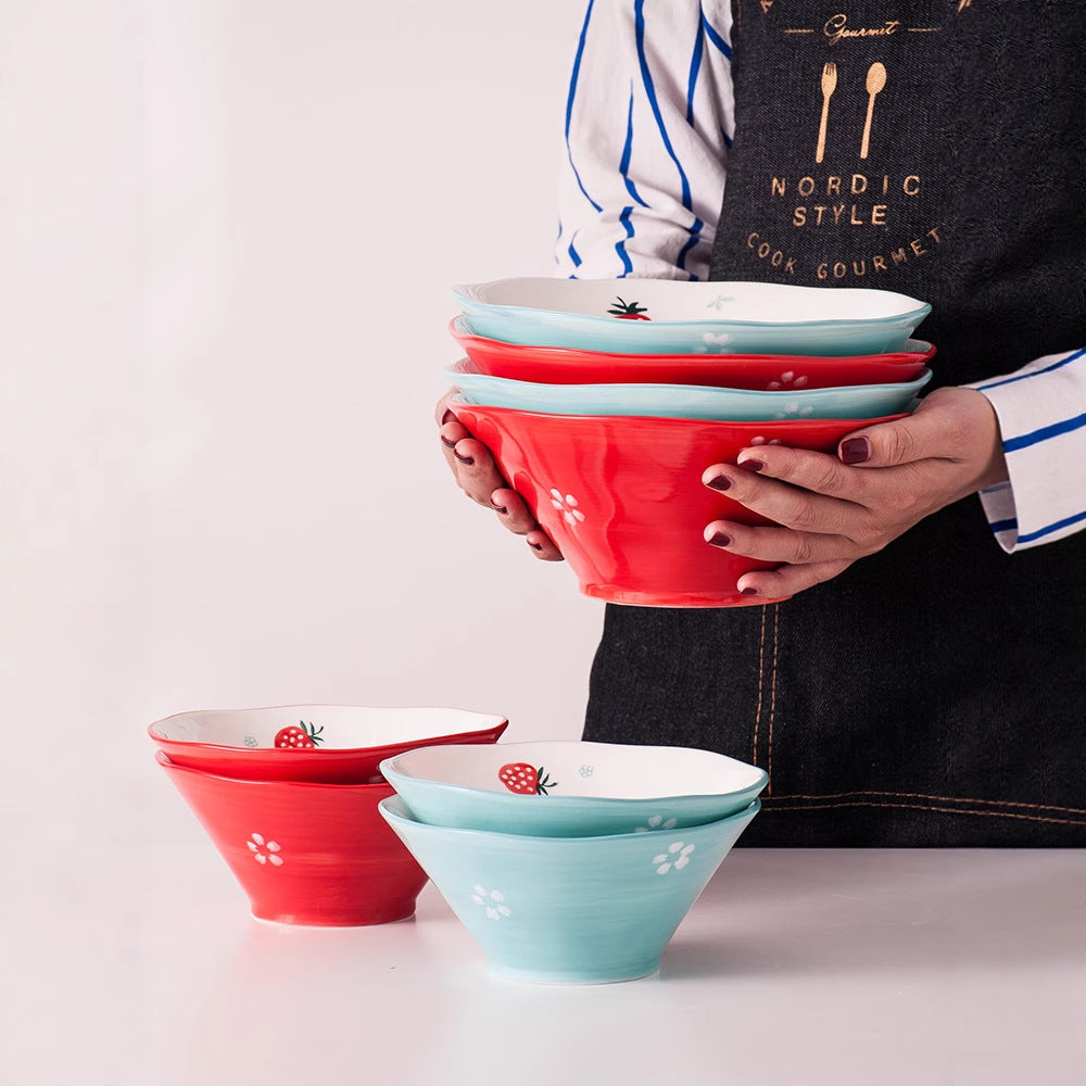 Strawberry bowl single for home creative ceramic instant noodle soup bowl japanese style cute girl popular salad dessert hat bowl