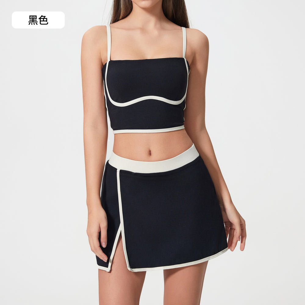 Contrast color sports tennis skirt yoga suit women's high intensity bubble wrap vest women's nude butt lift fitness nine-point pants