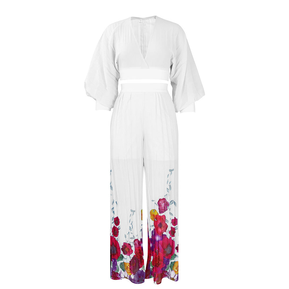 European and american women's clothing  spring new fashion elegant chiffon v-neck pleated top and printed wide-leg pants foreign trade set
