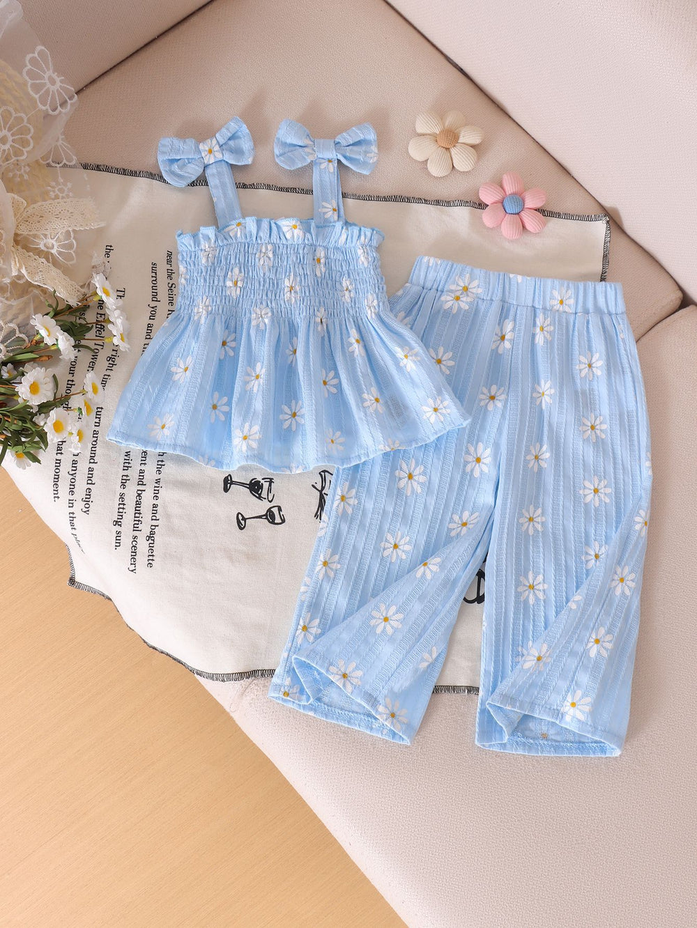 Girls' summer casual outfit: ruched waist cami top & daisy print pants - fresh & stylish summer wear for kids