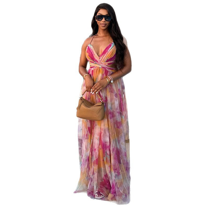 European and american women's clothing  autumn new sweet and fresh printed halter neck high-end open back high-waisted slimming a-line dress