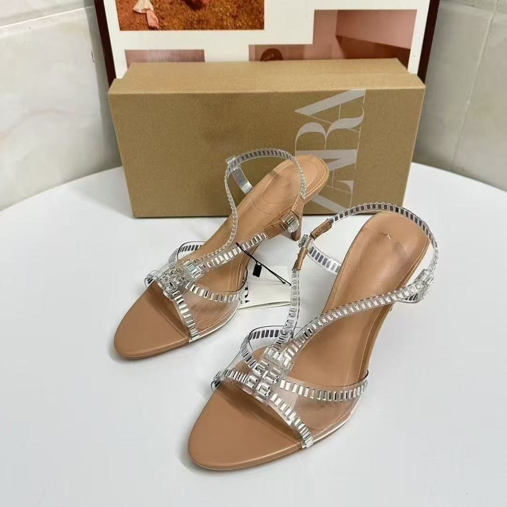 Silver open-toe rhinestone clear wine glass heel roman sandals - women's sexy fairy wind crystal high heels - niche design