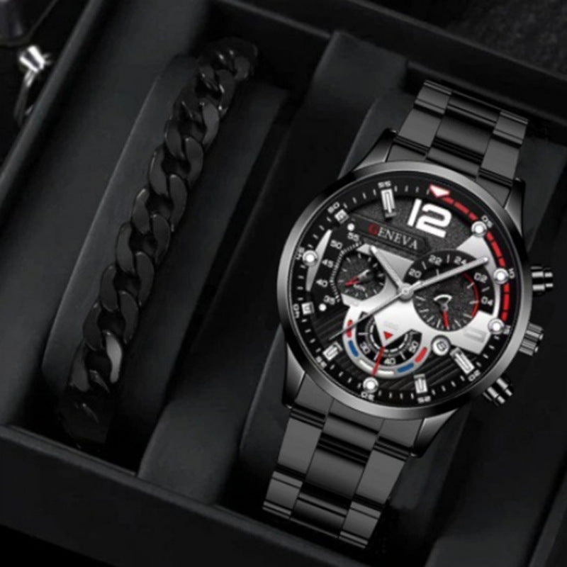 hot-selling men steel band calendar quartz watch bracelet suit quartz watch men's watch