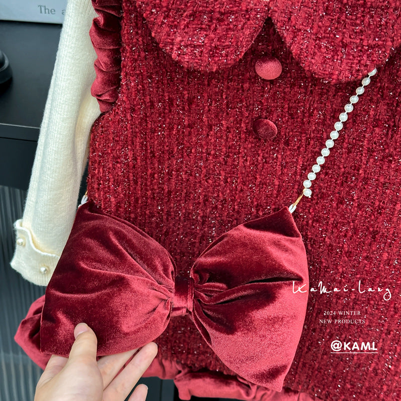 【in stock】girls' dress -  winter new arrival: sweet peter pan collar red fleece-lined vest dress, princess style