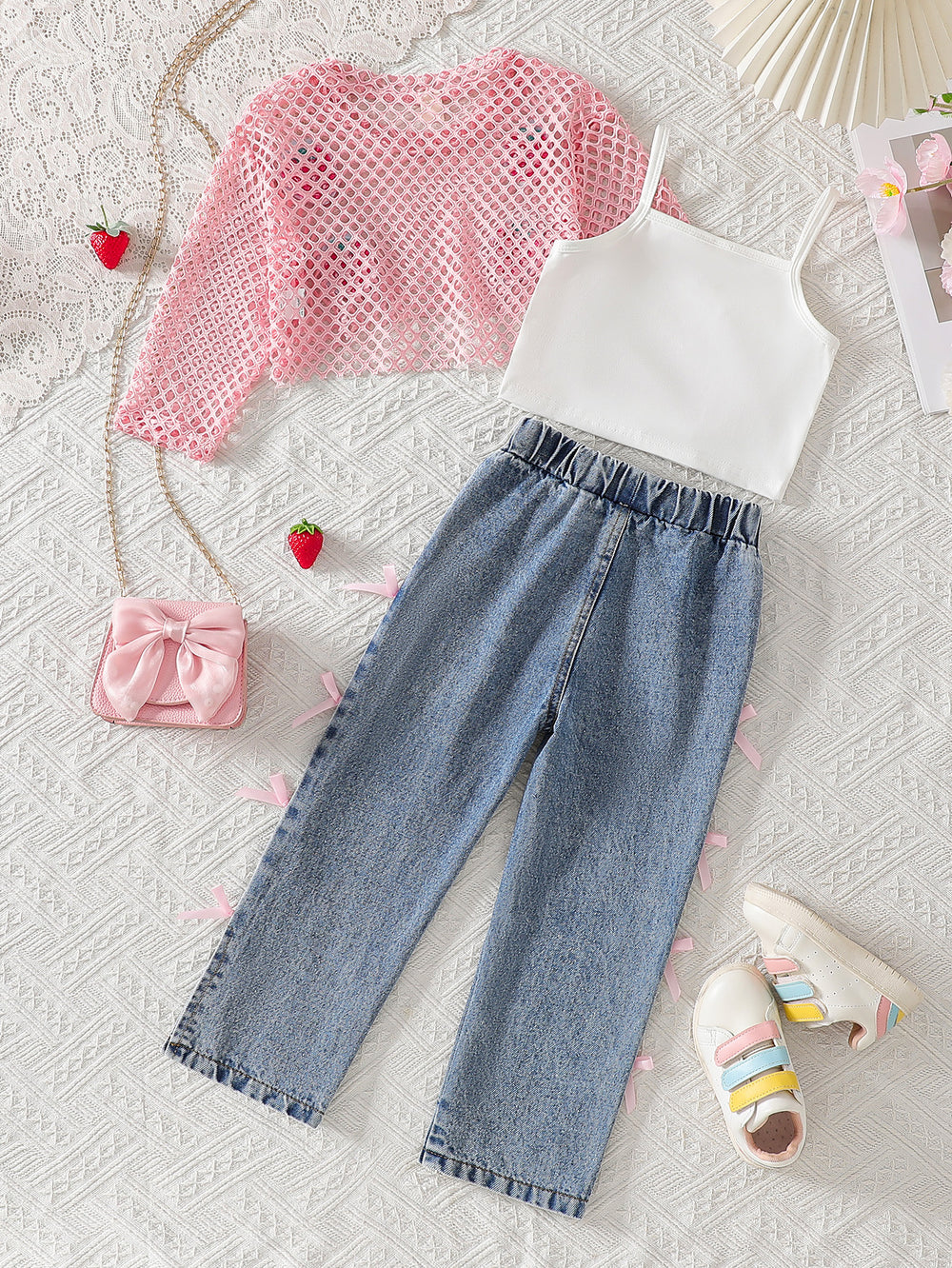 spring/summer new european and american style girls' hollow-out cardigan, solid color camisole + bowknot denim jeans three-piece set