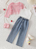 spring/summer new european and american style girls' hollow-out cardigan, solid color camisole + bowknot denim jeans three-piece set