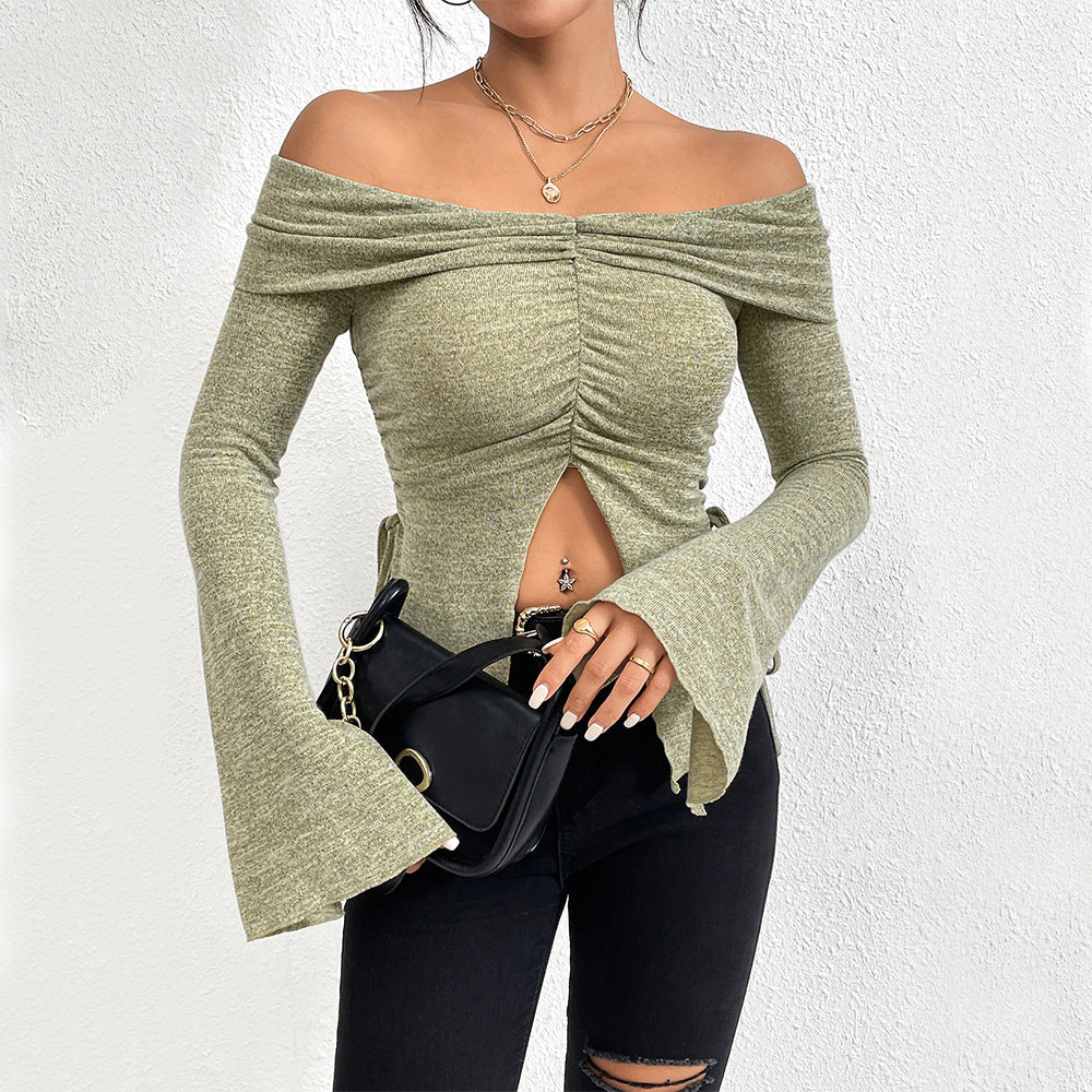 european and american women's clothing  fall/winter new collection: off-the-shoulder slit flare sleeve long-sleeve knit t-shirt - sexy top