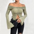 european and american women's clothing  fall/winter new collection: off-the-shoulder slit flare sleeve long-sleeve knit t-shirt - sexy top