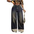 European and american style women's high-waisted vintage distressed washed denim jeans with pocket studs, patchwork, rolled hems, and wide leg, floor-length trousers