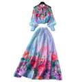 Fashionable and western style, light and mature style, bowstie back, lantern sleeves, printingshirt, women's high waist, large swing skirt, two-piece set