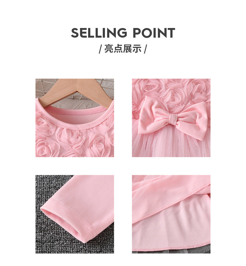 girls' dress - pink floral bow long sleeve tulle princess tutu dress - autumn children's skirt