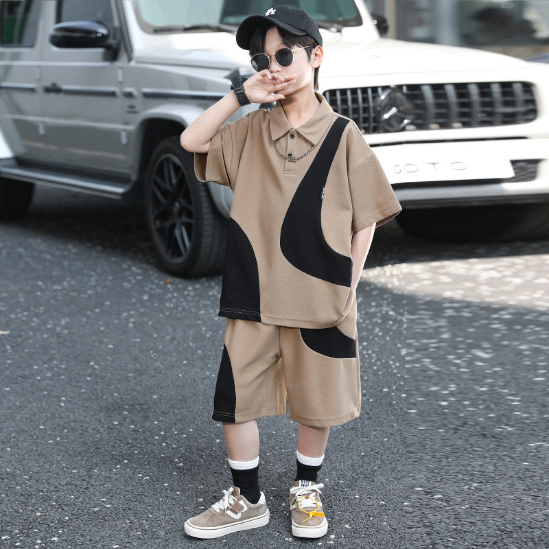 Boys' summer color block polo shirt set - new  collection - trendy two-piece outfit for mid-to-large children, featuring shorts