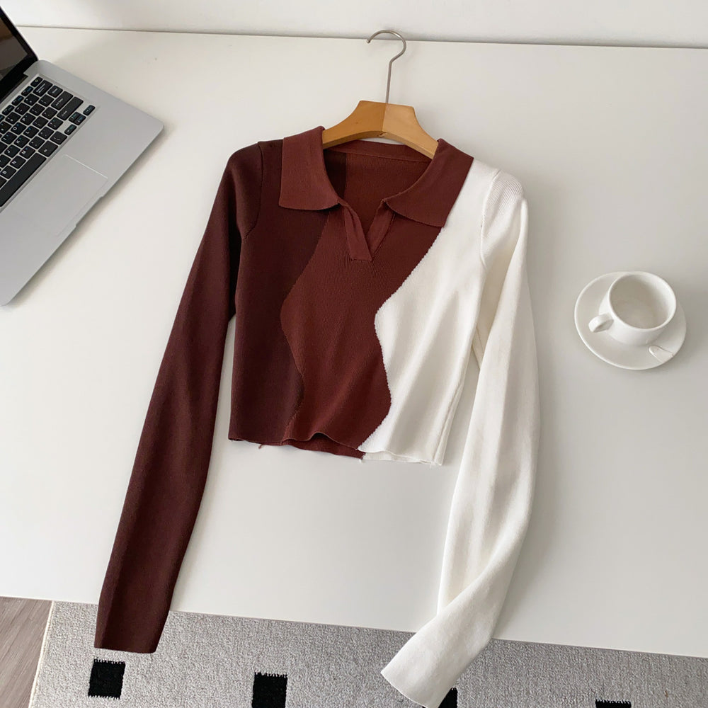 Niche stylesense of designretrofashion color matching polo collar long sleevesknitting shirt women's autumslimslimming lookshorttops