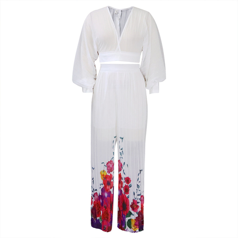 Exportfashionsuitnew arrival women's v neck bat sleeve chiffon tops pleated loose pants cross-border two-piece set